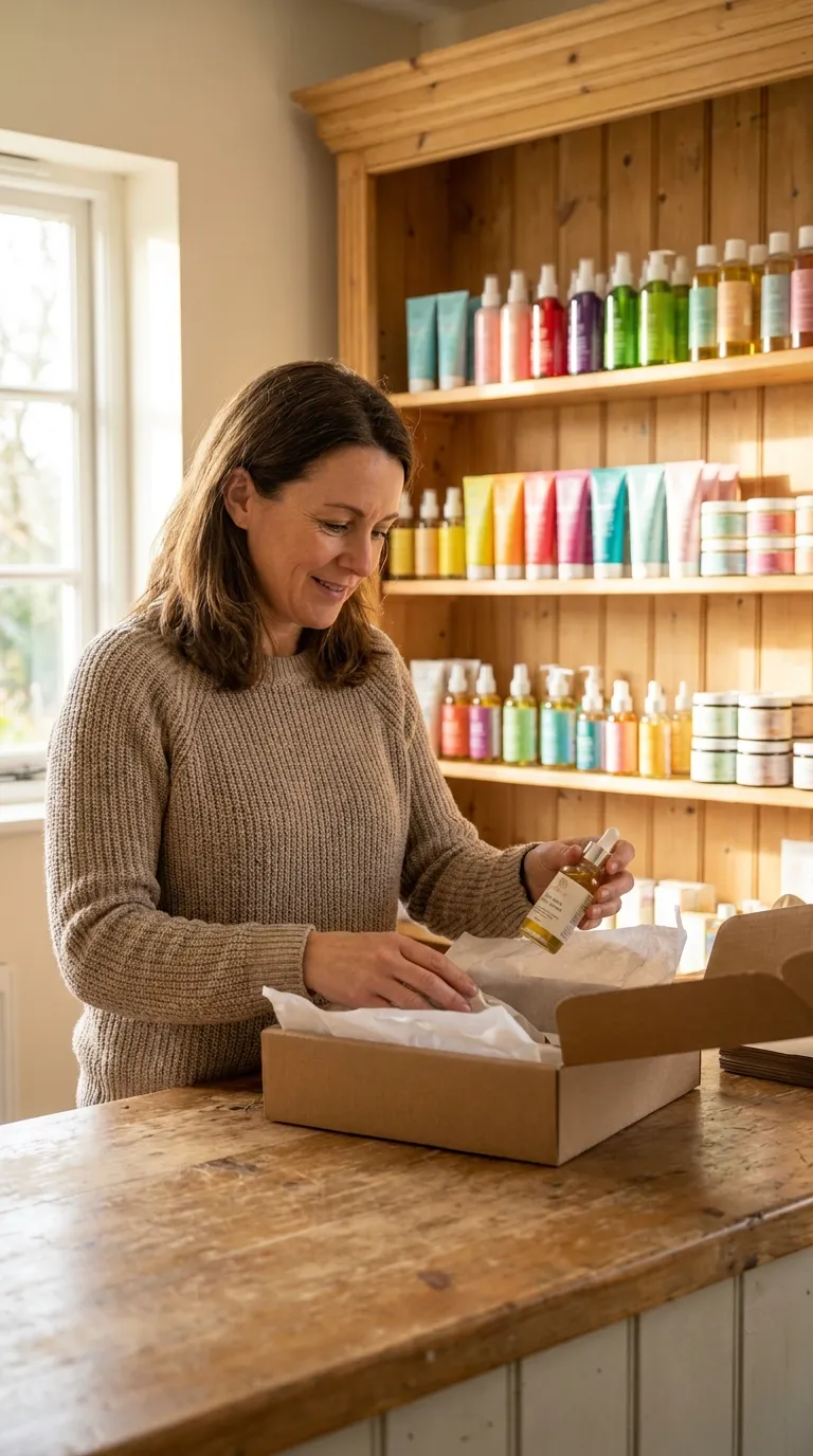 Emprendedora empacando un pedido de productos de cuidado