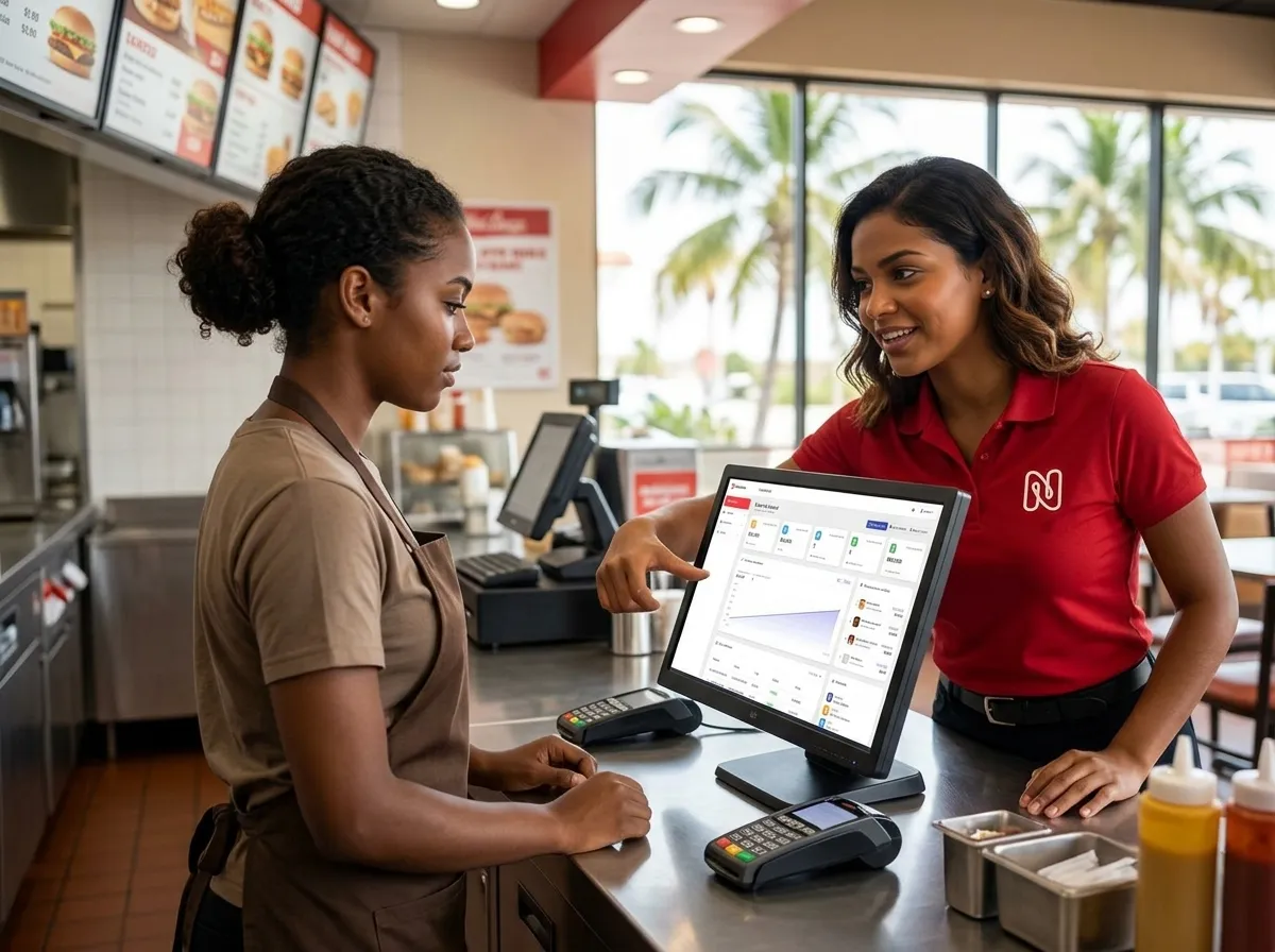 Clientas atendidas en el mostrador de un negocio de comidas