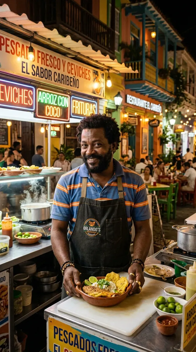Vendedor de comida típica sonriendo en su puesto