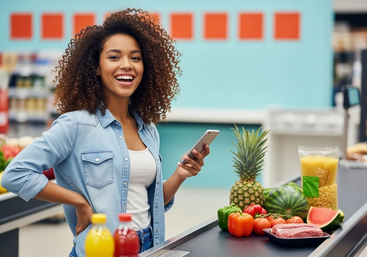 Mujer sonriendo con su celular en su negocio